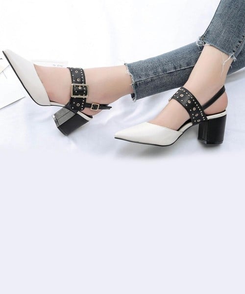 Pointed Toe Studded Strap Heel-White