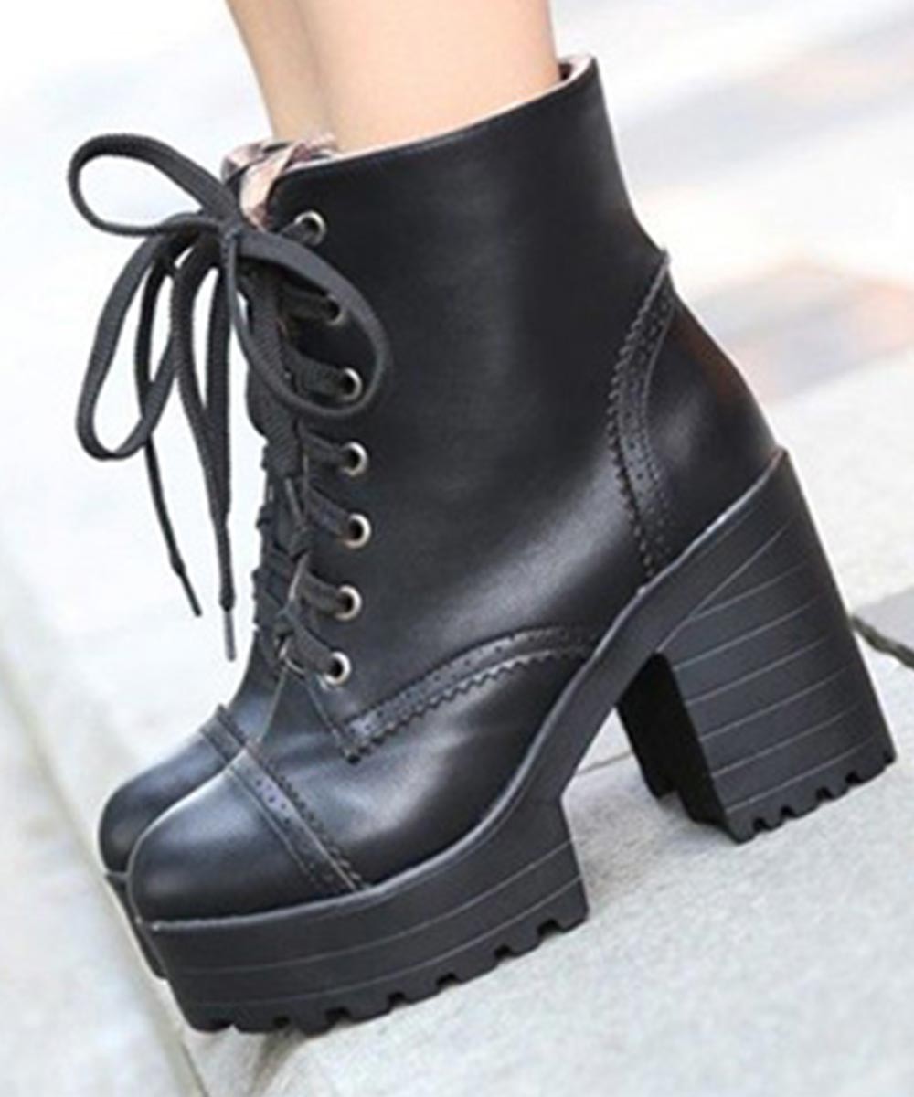 Platform Block Heel Ankle Boots Black 