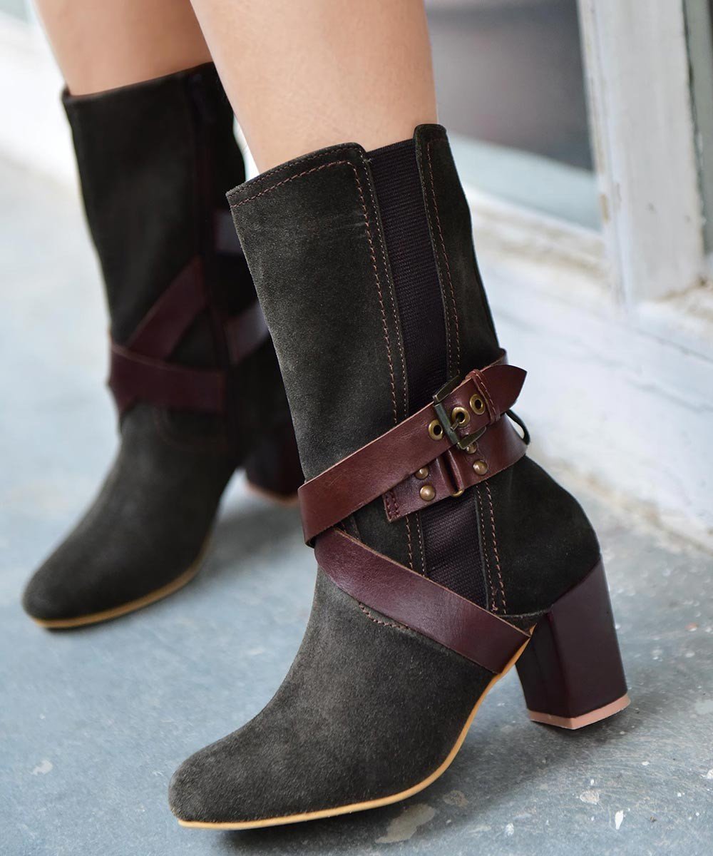Cross strap brown leather calf length boots - Street Style Store