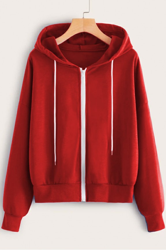 Drawstring Front Zip-Up Hooded Sweatshirt Red