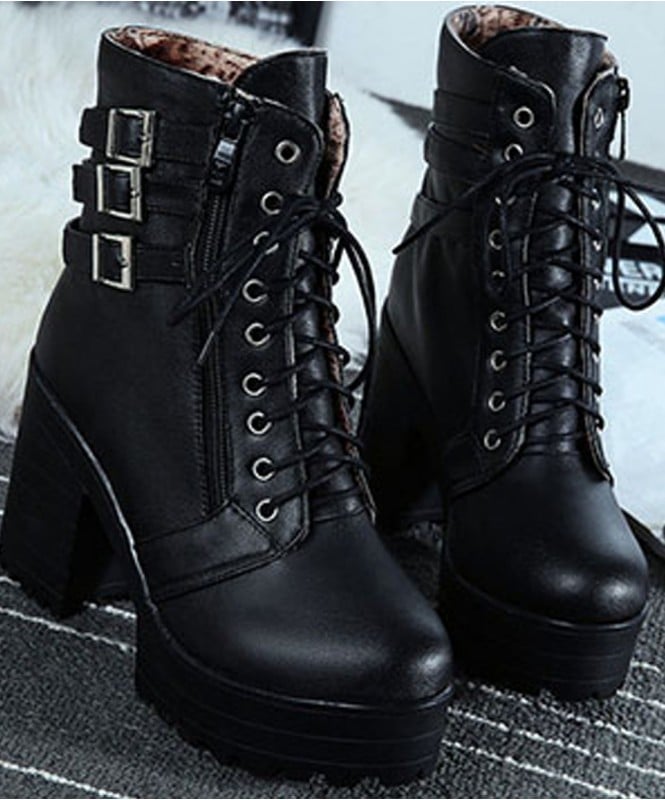 Chunky Heel Buckled Lace Up Short Boots Black