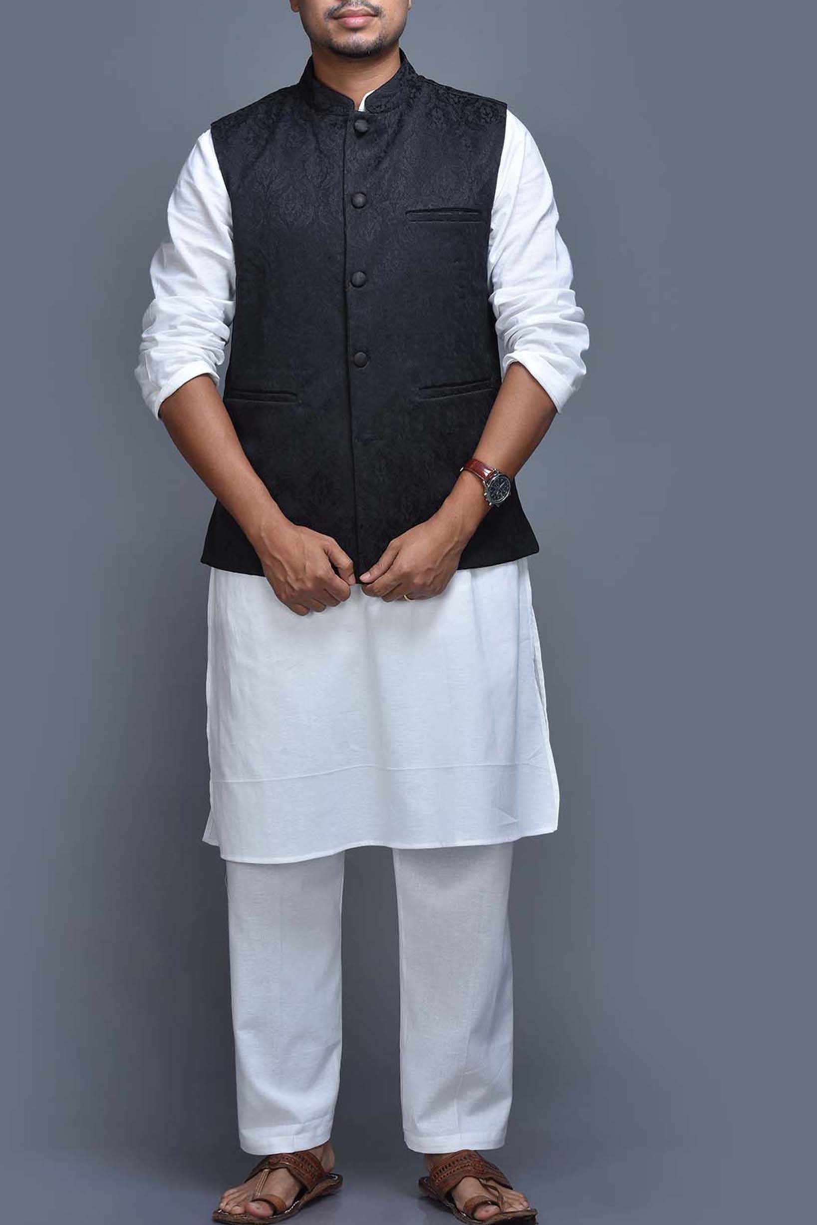 white kurta and black jacket