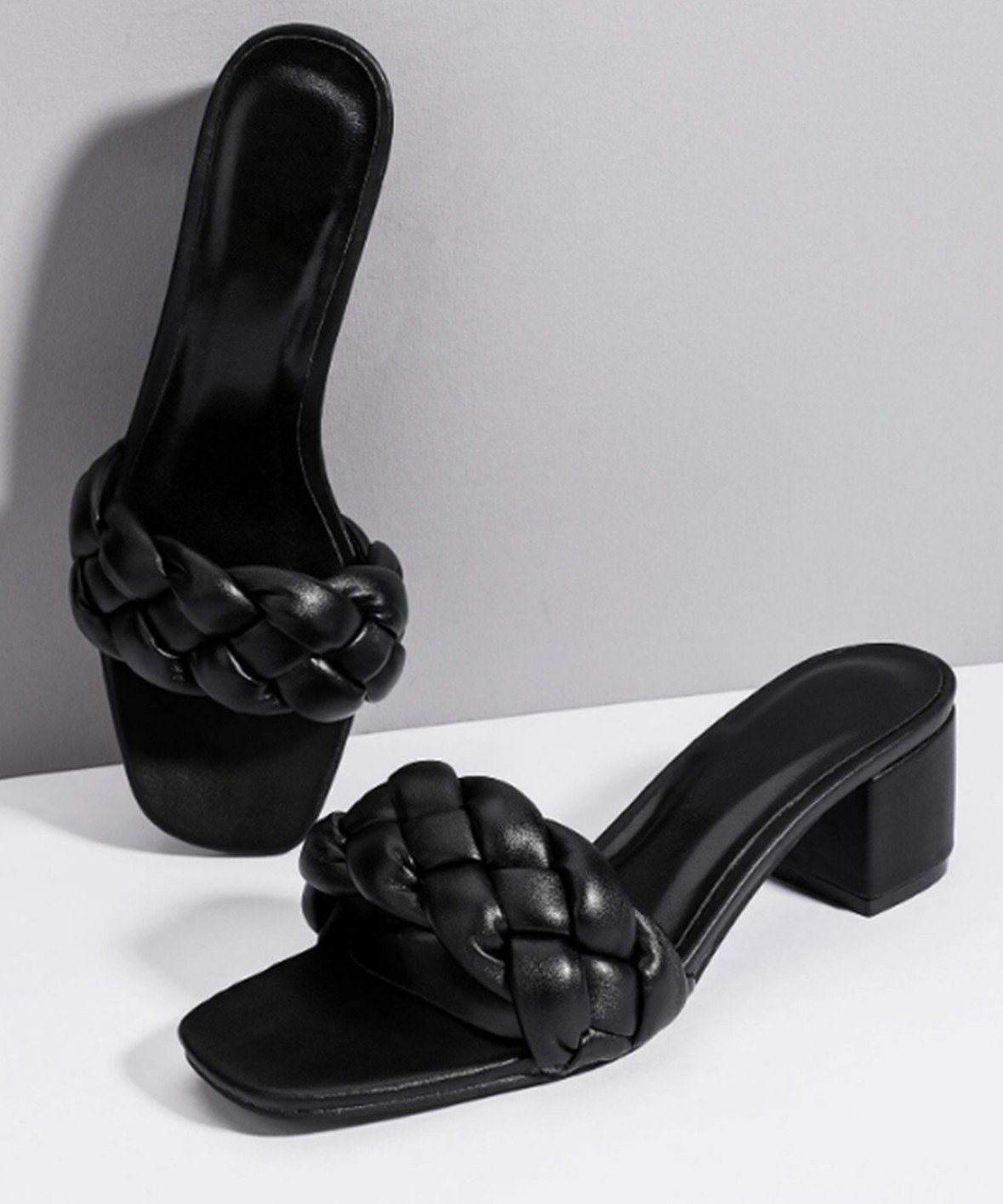 Braided slip on black heels