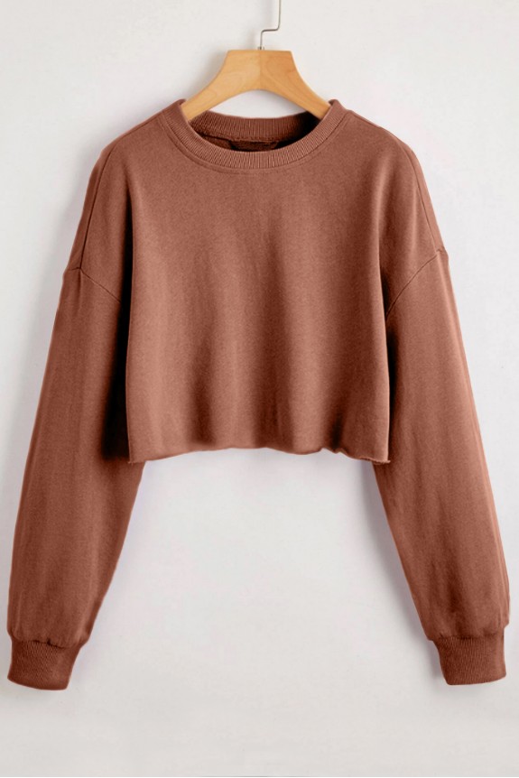 Winter Fleece Patina Brown Drop Shoulder Crop Sweatshirt