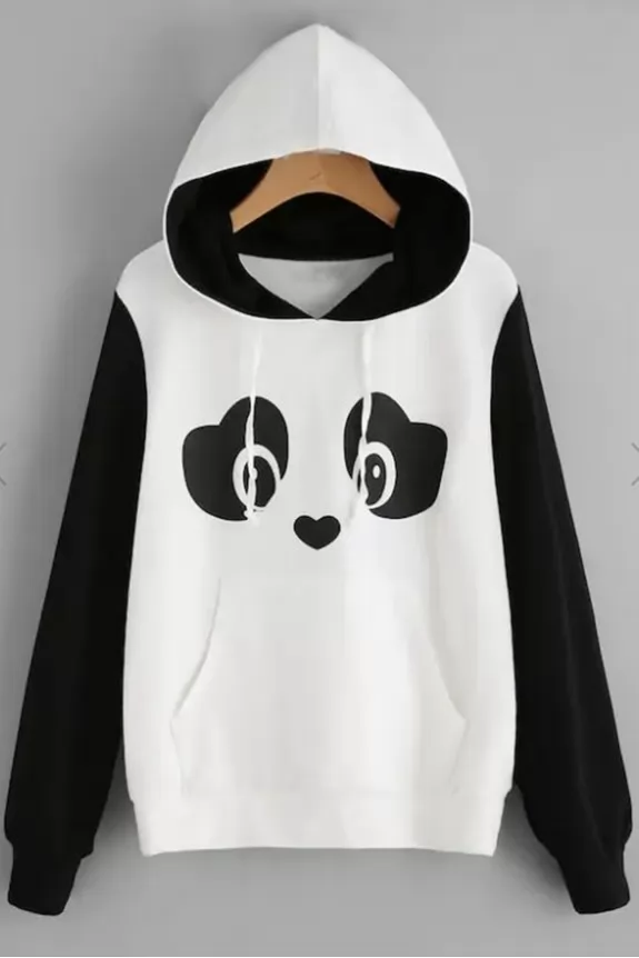 Panda Print Pom Pom Detail Hoodie