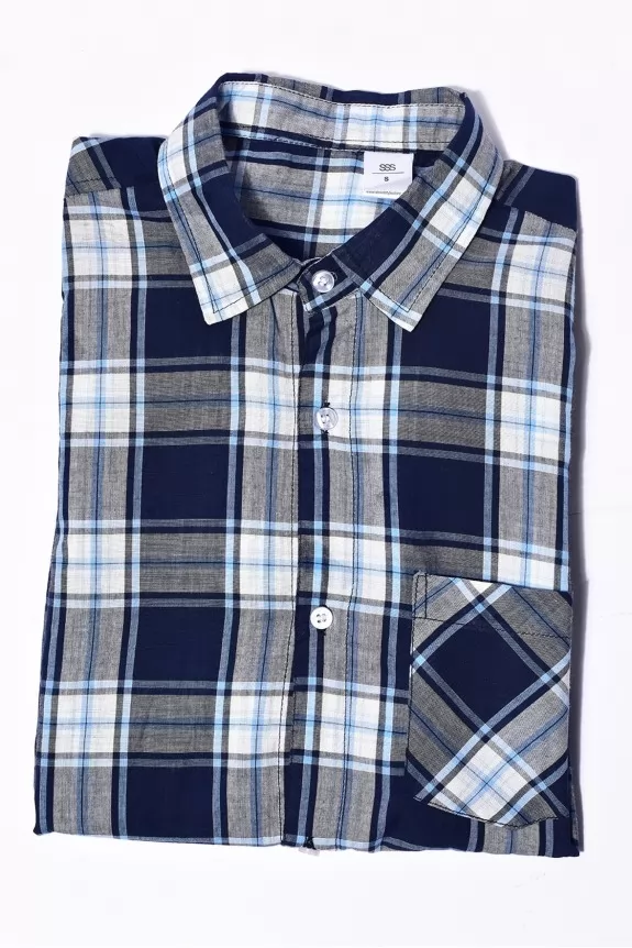 Men Gray And Blue Checked Casual Shirt