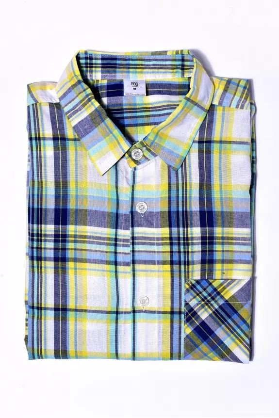 Men's Yellow and Blue Checked Full Sleeve