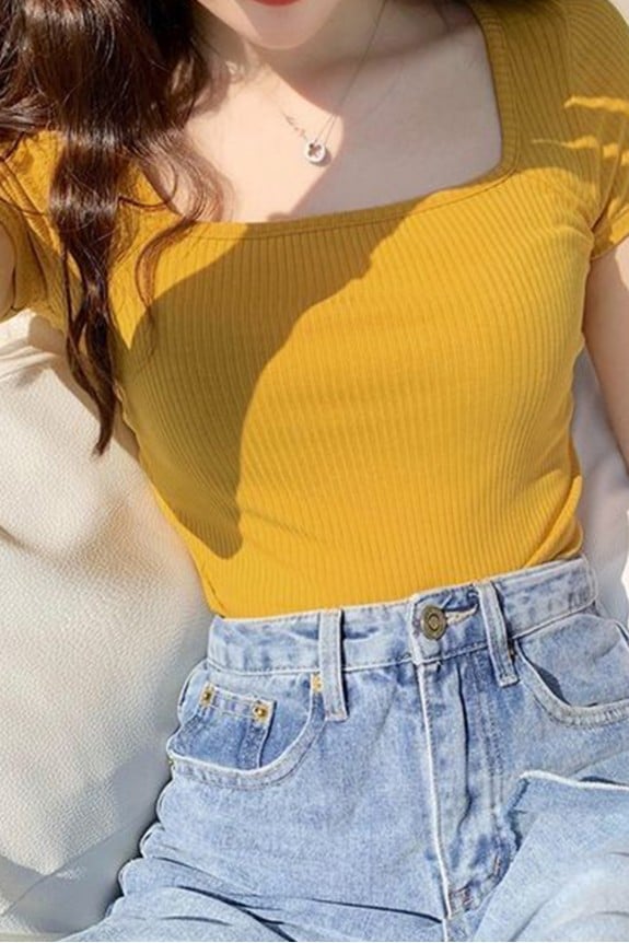 Mustard Color Fitted Rib Top