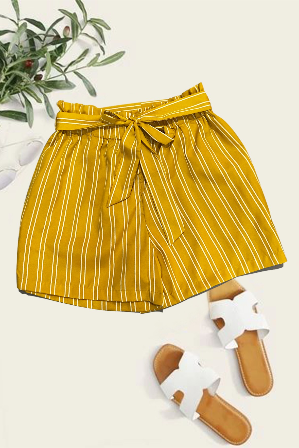 Mustard Striped Summer Shorts Street Style Store