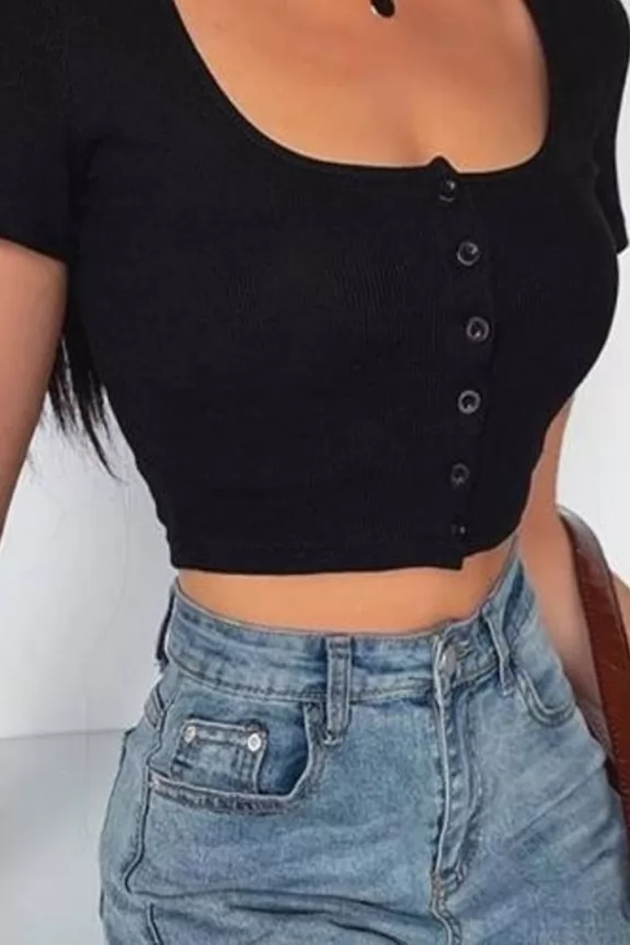 Front button black crop top | Street Style Store | SSS