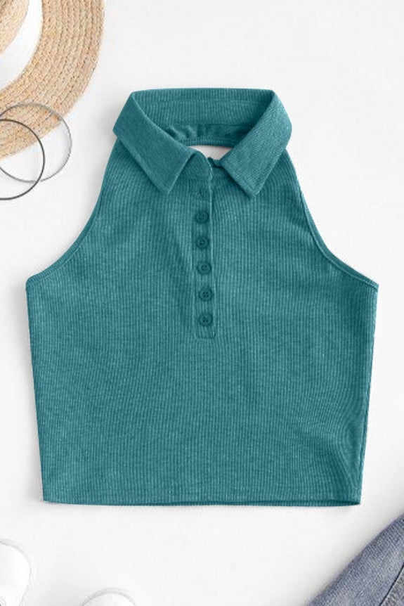 Sleeveless Collar Rib Crop Top- Turquoise Green