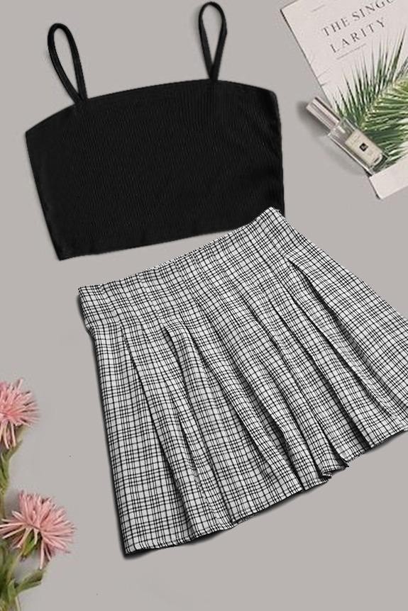 Set of 2 Black Crop Top with Plaid Skirt