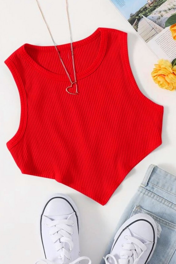 Rib Sleeveless Crop Top - Red