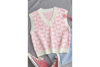 Pink white heart crop sweater