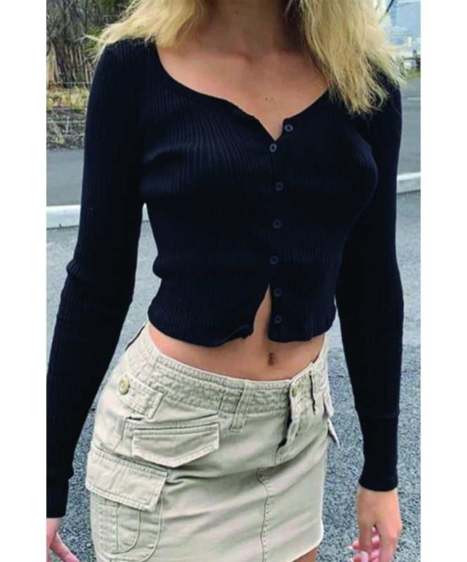 Front button full sleeve black crop top