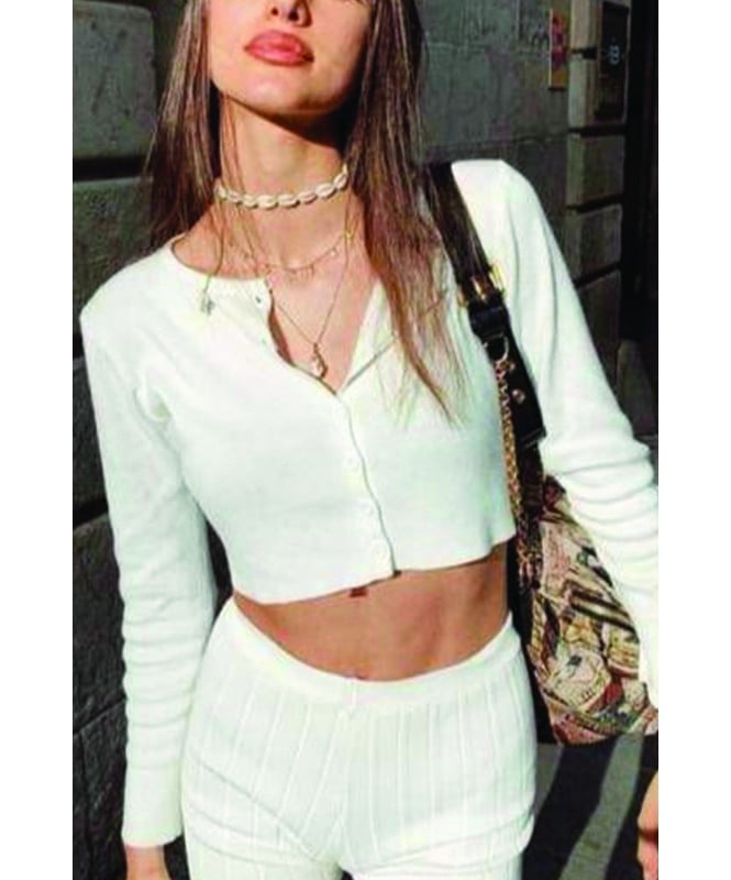 Front button full sleeve white crop top