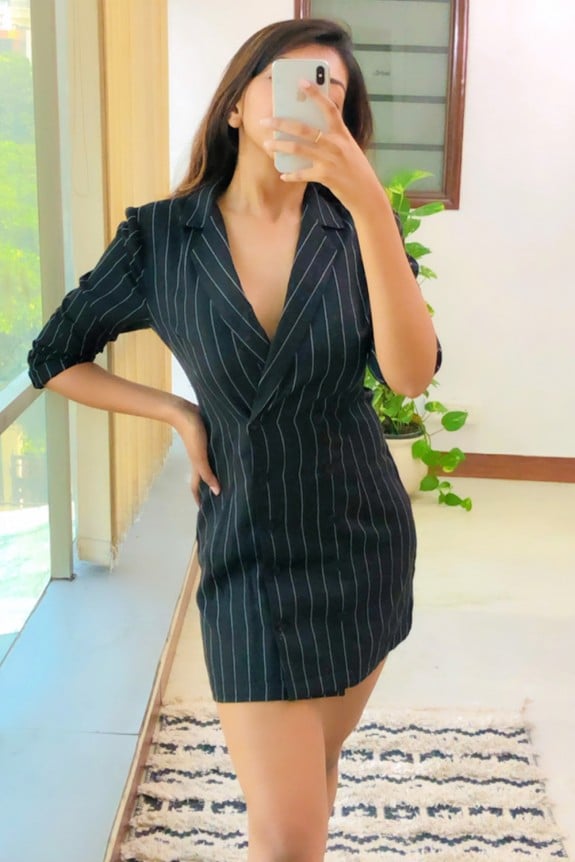 Black collared striped short dress