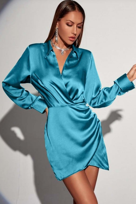 Turquoise blue satin day out dress