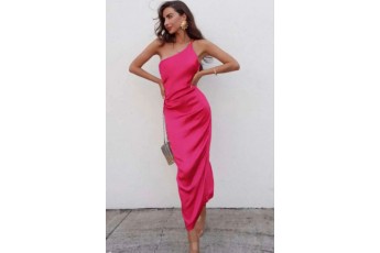 Satin one shoulder pink dress