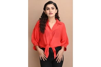 Front tie balloon sleeve red shirt