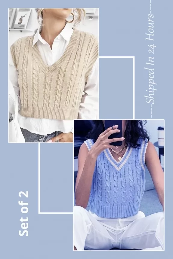 Set of 2: Beige & blue crop sweater