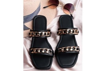 Twin Strap Detailed chain Black flats