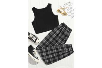Set of 2: Black and white check jogger with rib top