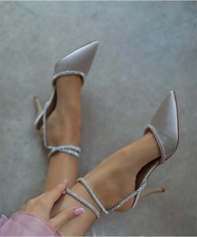 Silver satin embellished heel
