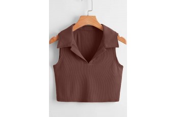 Cinnamon brown sleeveless collar crop top
