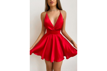Deep Neck Red Satin Dress