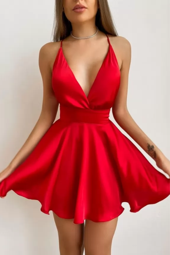 Deep Neck Red Satin Dress, Street Style Store