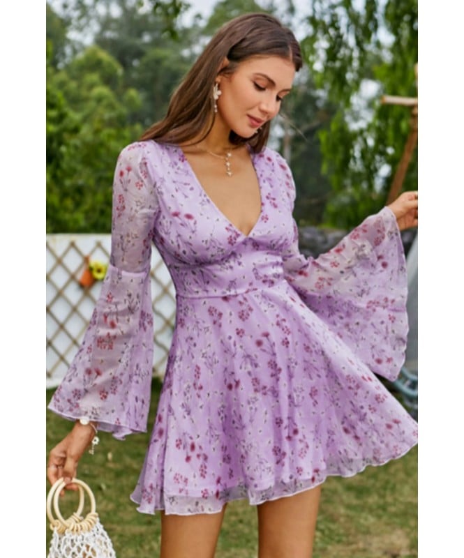 Double Crazy Plunging Neck Bell Sleeve Allover Floral Print Chiffon Dress