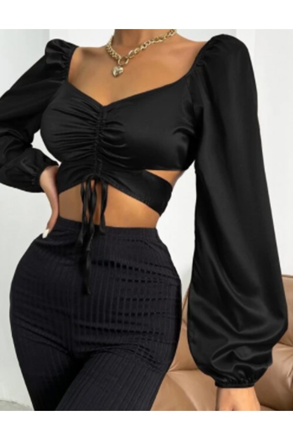 Sweetheart Neck Drawstring Ruched Tie Back Crop Satin Blouse