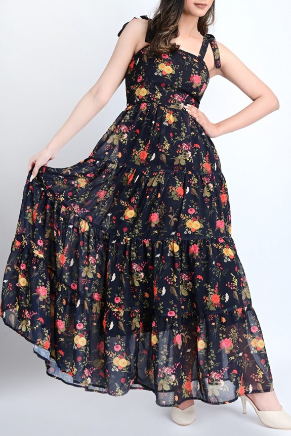 Black floral printed frill dress