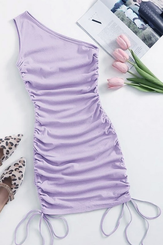 One Shoulder Ruched Knot Side Bodycon Lavender Dress