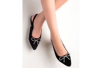 Minimal black slingback pointed mule with embellished bow