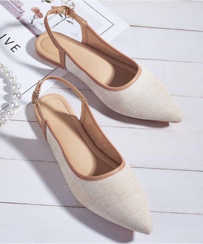 Pointed jute with tan slingback flat