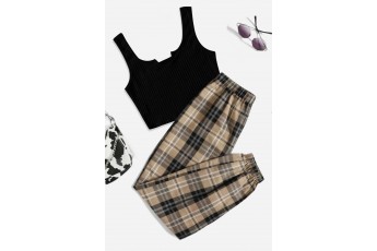 Set of 2- Black crop top with check jogger