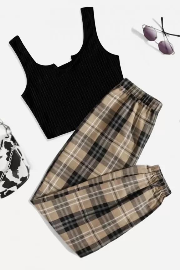 Set of 2- Black crop top with check jogger