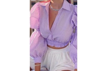 Lavender Check Puff Sleeve Shirt