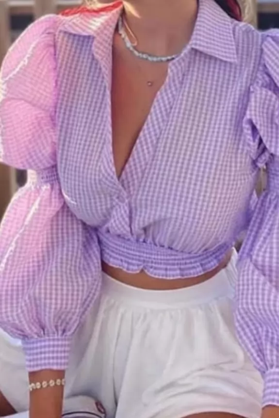Lavender Check Puff Sleeve Shirt