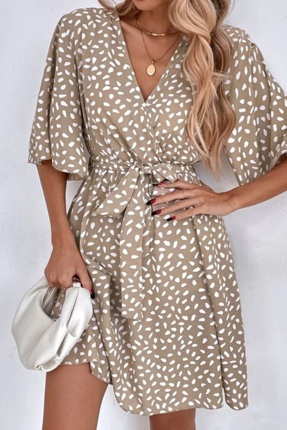 Allover Print Butterfly Sleeve Belted Dress