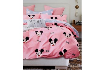 Mickey Mouse Print Pink Poly Cotton Bed Sheet with Pillow Case