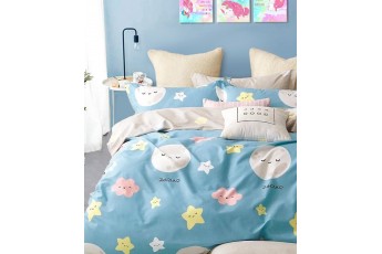 Star & Moon Sea Blue Poly Cotton Bed Sheet with Pillow Case