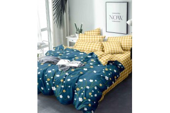 White & Yellow flowers Dark Green Poly Cotton Bed Sheet with Pink Check Pillow Case