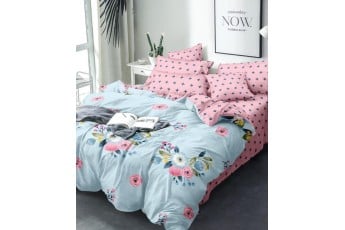 Multi-Color Blushing Flower Sea Blue Bed Sheet with Pink Pillow Case