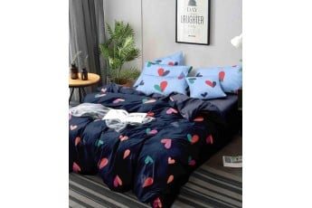 Color Blocking Heart Navy Blue Poly Cotton Bed Sheet with Pillow Case