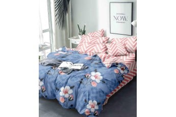 Cream Floral Blue Poly Cotton Bed Sheet with Pink Striped Pillow Case