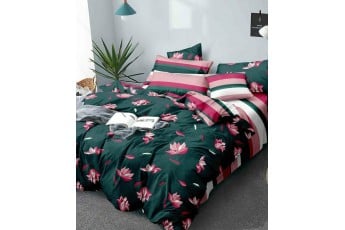 Blush Pink Lotus Dark green Poly Cotton Bed Sheet with Pillow Case