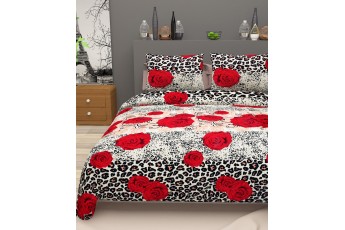 Red Roses with Animal Print 300 TC Polycotton 1 Double Bedsheet with 2 Pillow Covers